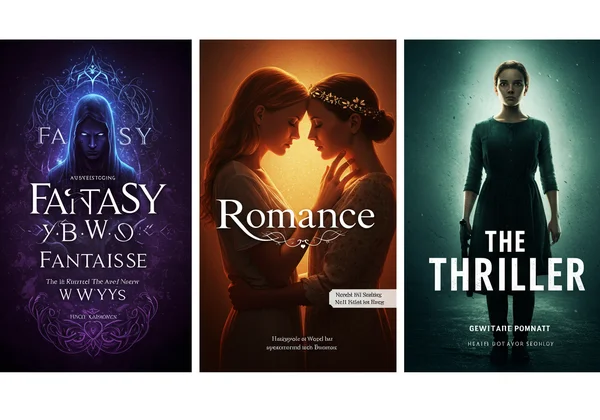 Book covers for fantasy, romance, and thriller genres.