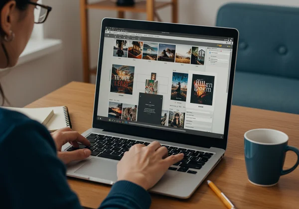 Person using a DIY online tool to design a book cover