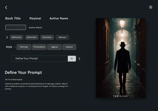 AI book cover generator interface, prompt input and preview