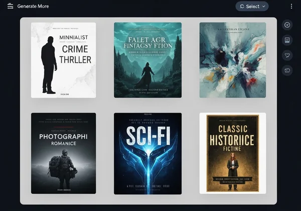 Gallery of diverse AI-generated book cover concepts.