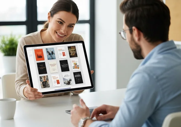 Designer presenting AI book cover mockups to client.