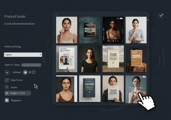 AI book cover generator interface showing multiple design options