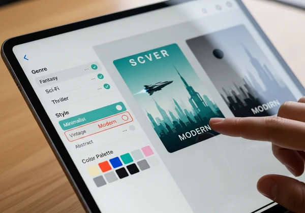 AI book cover design tool interface on a tablet